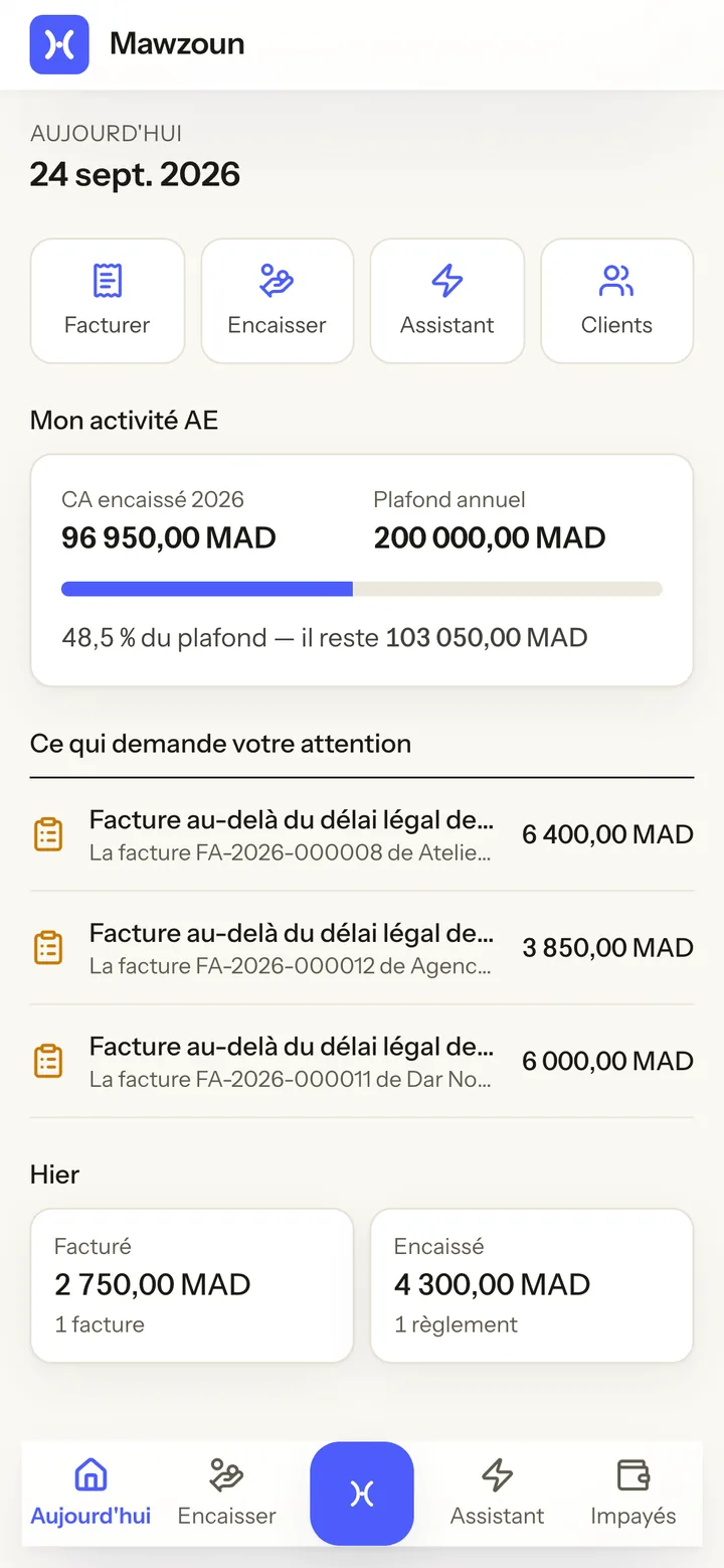 L'écran Aujourd'hui de l'application mobile d'une auto-entrepreneuse : le chiffre d'affaires encaissé de l'année et la part du plafond, les points à surveiller, l'activité de la veille.