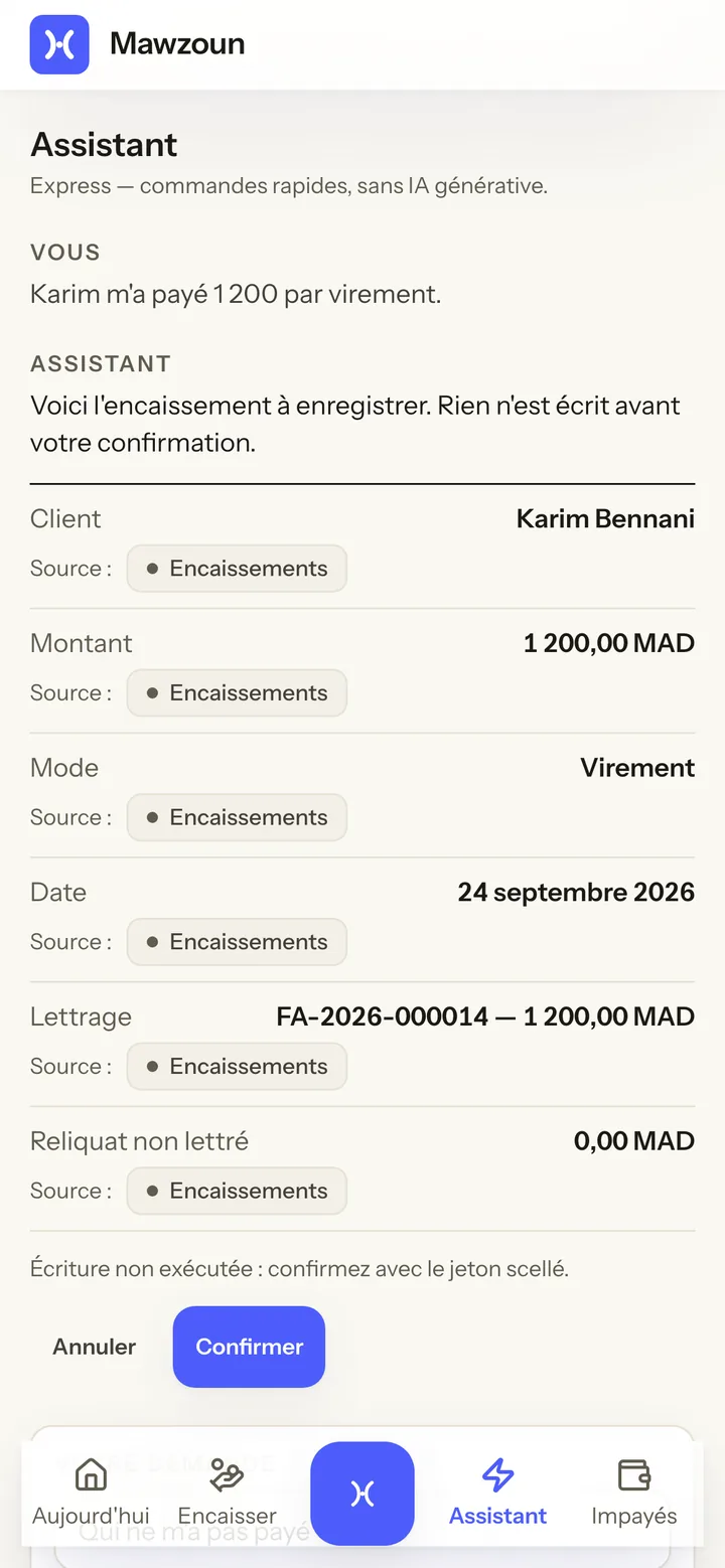L'Assistant Express après « Karim m'a payé 1 200 par virement. » : l'encaissement proposé, lettré sur sa facture, avec « Rien n'est écrit avant votre confirmation » et les boutons Annuler et Confirmer.
