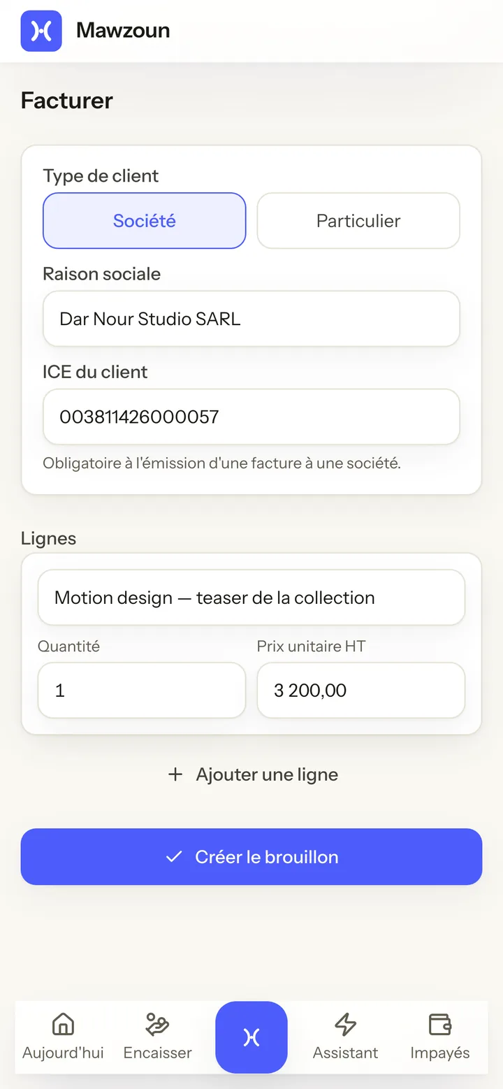 L'écran Facturer : le type de client, la raison sociale et son ICE, la prestation et son prix, avant la création du brouillon.