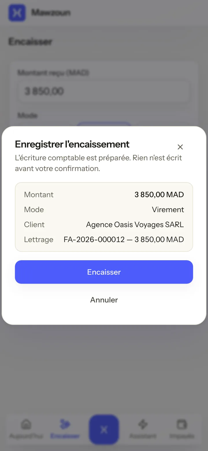 La vérification d'un encaissement par virement : le montant, le client et le lettrage automatique sur sa facture, avant confirmation.